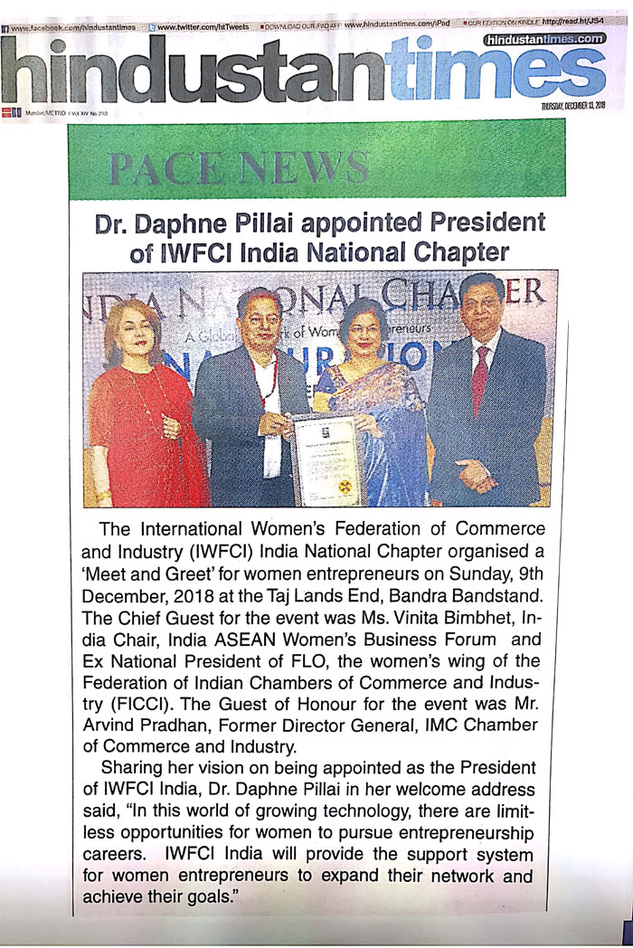 Inauguration of IWFCI India National Chapter covered in Hindustan Times (Mumbai Edition) on 13th December, 2018