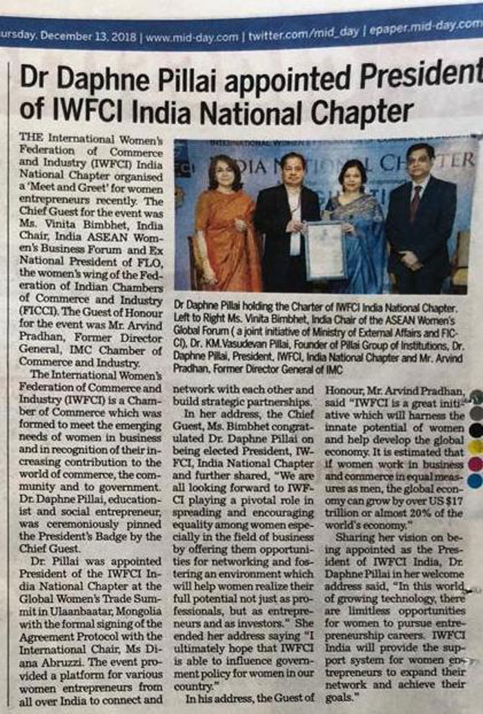 Inauguration of IWFCI India National Chapter covered in Mid-Day on 13th December, 2018